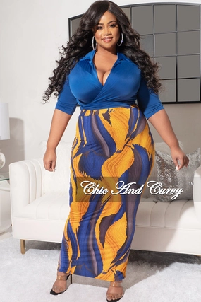 Final Sale Plus Size 2pc Short Sleeve Crop Tie Top and Pencil Skirt in Royal Blue and Mustard Design Print Relaxed Comfort Fit No Ride Up