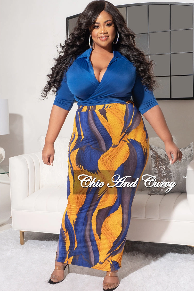 Final Sale Plus Size 2pc Short Sleeve Crop Tie Top and Pencil Skirt in Royal Blue and Mustard Design Print Relaxed Comfort Fit No Ride Up
