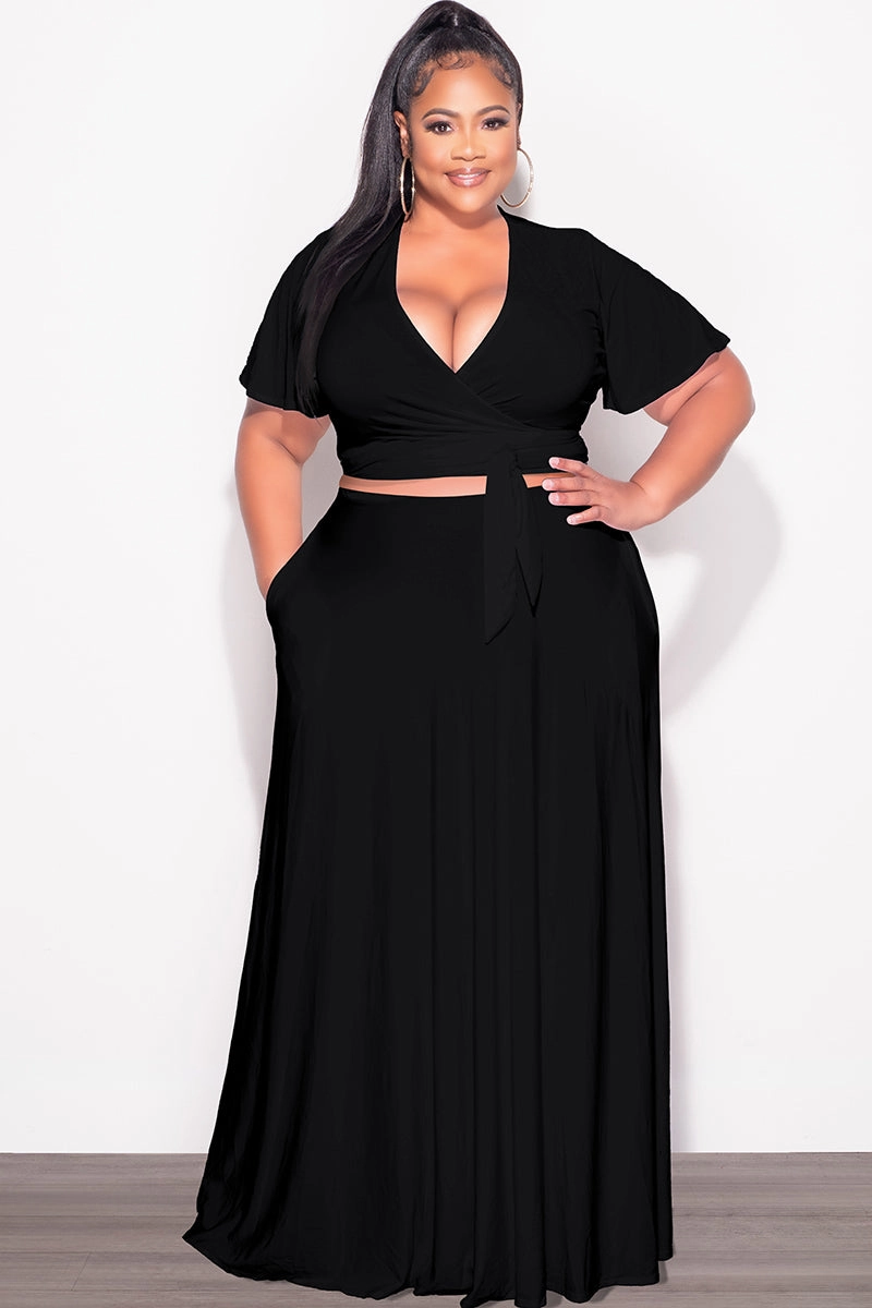 Final Sale Plus Size 2pc Short Sleeve Crop Tie Top and Skirt Set in Black Stretch Fit Layered Comfort