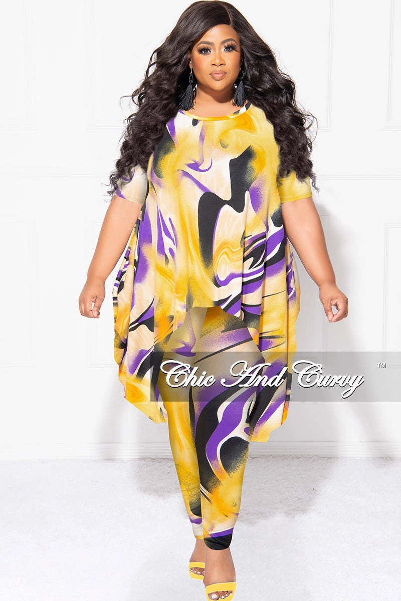 Cozy Stretch Final Sale Plus Size 2pc Short Sleeve High Low Top And Leggings Set In Yellow and Purple
