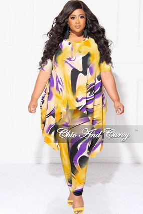 Cozy Stretch Final Sale Plus Size 2pc Short Sleeve High Low Top And Leggings Set In Yellow and Purple
