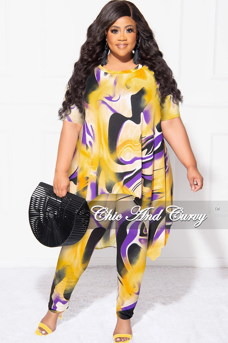 Effortless Comfort Final Sale Plus Size 2pc Short Sleeve High Low Top And Leggings Set In Yellow and Purple