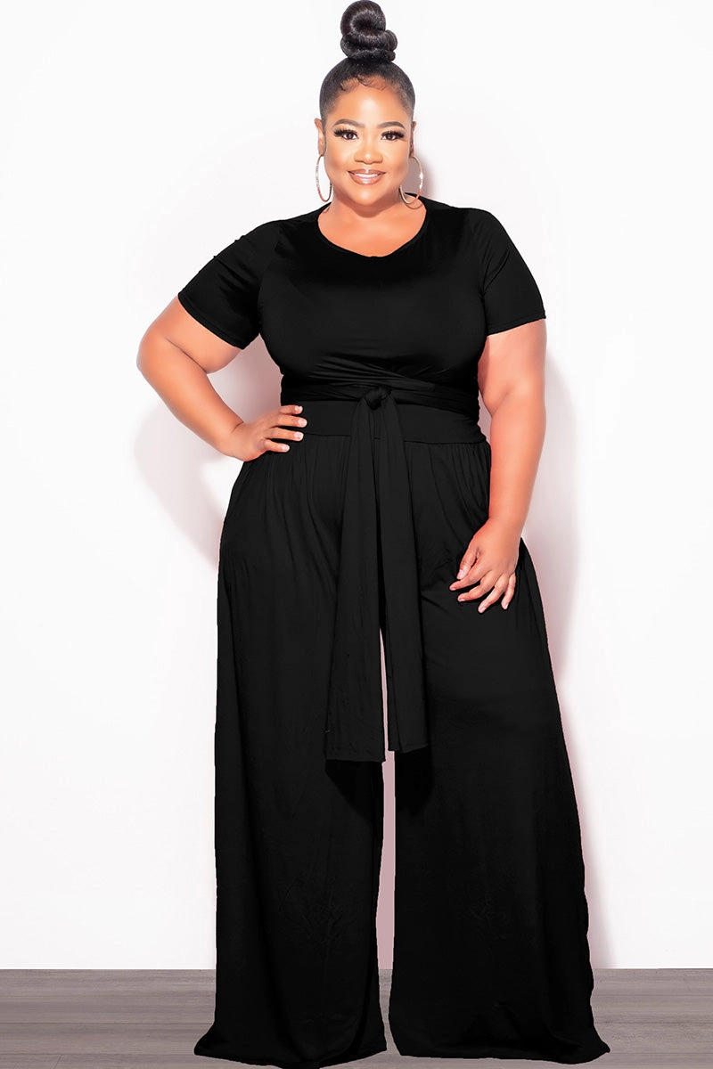 Utility Style Mid-rise fit Final Sale Plus Size 2pc Short Sleeve Tie Top and Pants Set in Black
