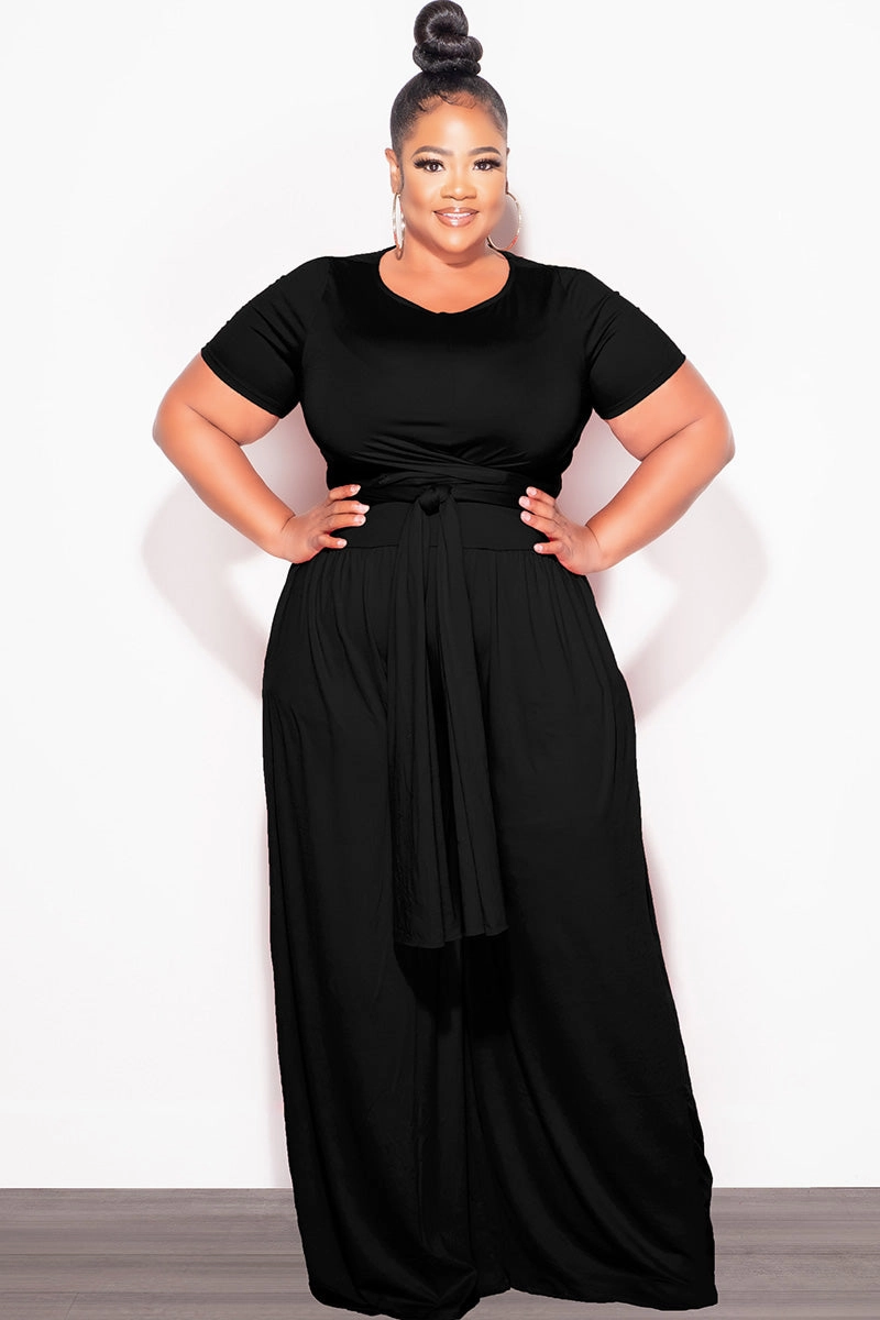 Final Sale Plus Size 2pc Short Sleeve Tie Top and Pants Set in Black On The Move