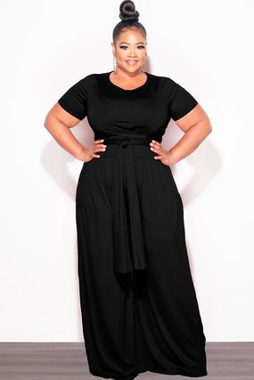 Final Sale Plus Size 2pc Short Sleeve Tie Top and Pants Set in Black Seamless Waistband