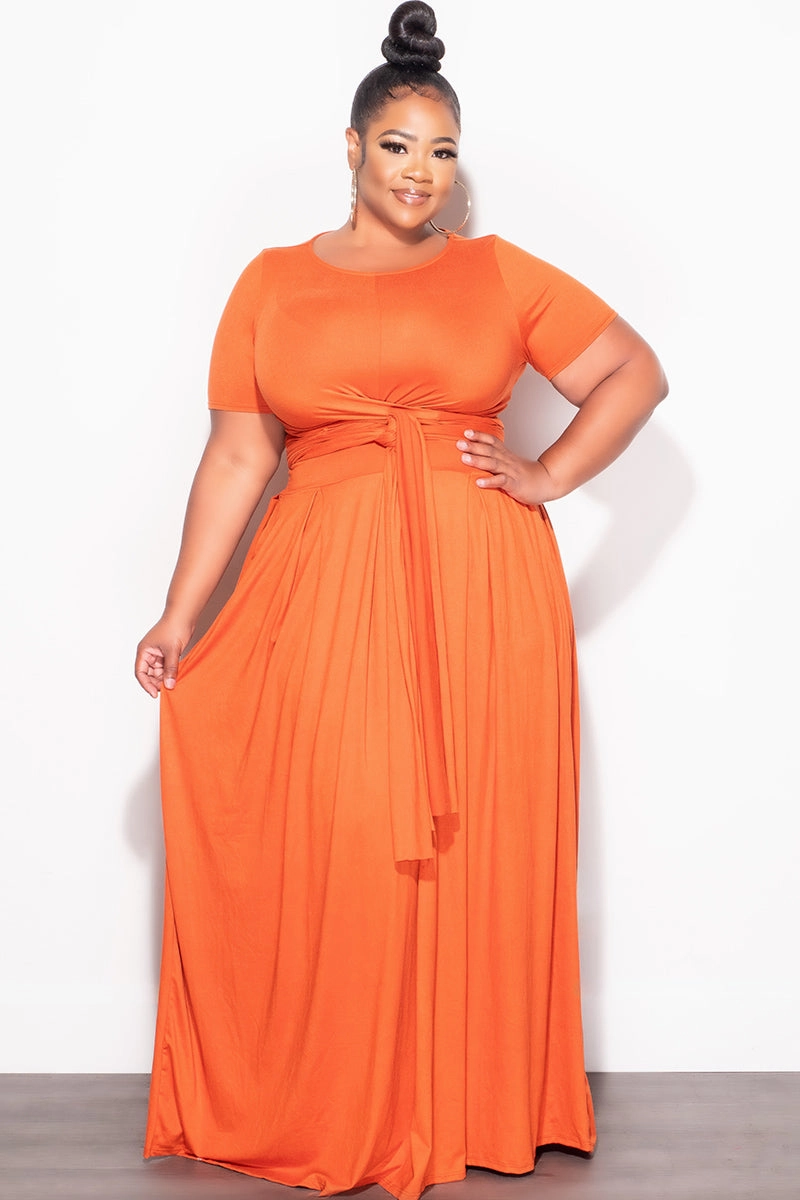 Final Sale Plus Size 2pc Short Sleeve Tie Top and Skirt Set in Orange Relax Mode NonBindingWaistline