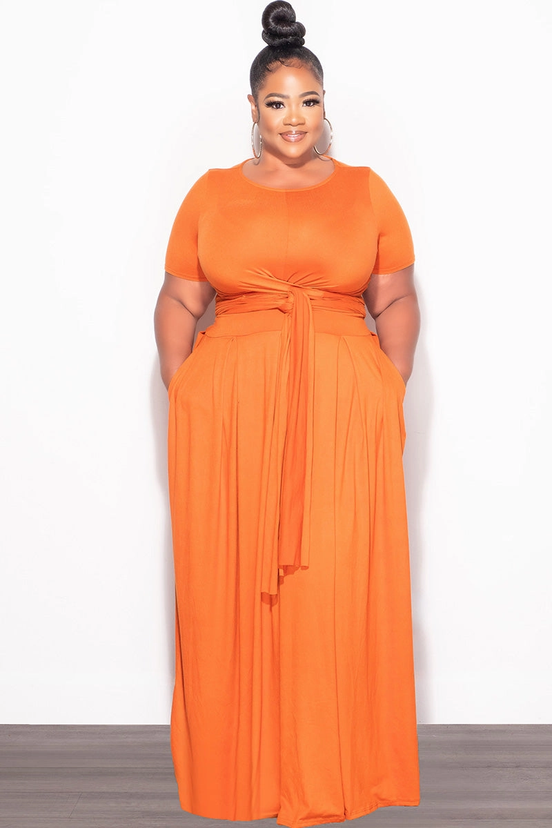 Final Sale Plus Size 2pc Short Sleeve Tie Top and Skirt Set in Orange AbrasionResistantFabric