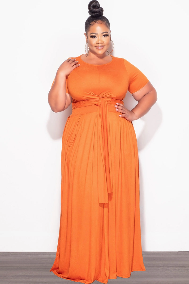 Move Easy Final Sale Plus Size 2pc Short Sleeve Tie Top and Skirt Set in Orange