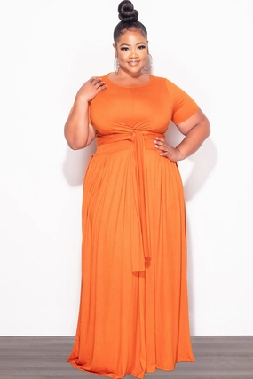 Move Easy Final Sale Plus Size 2pc Short Sleeve Tie Top and Skirt Set in Orange