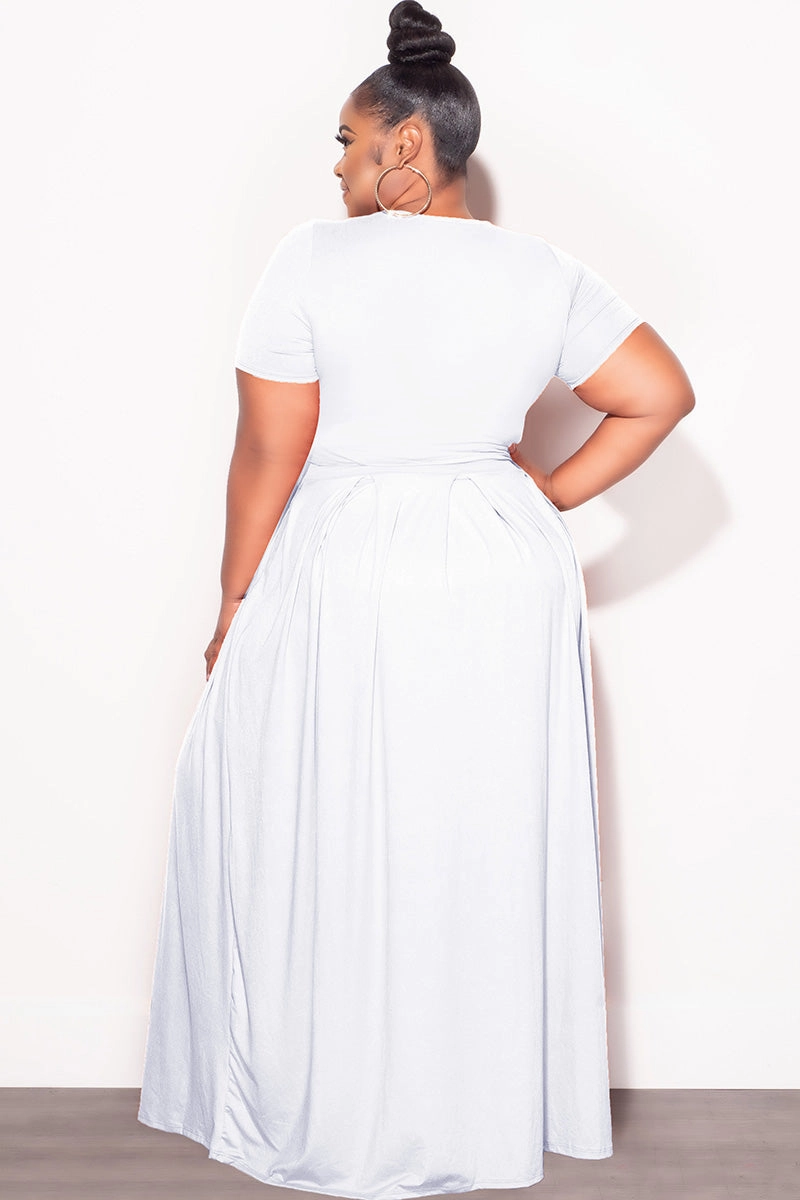 Wide fit Final Sale Plus Size 2pc Short Sleeve Tie Top and Skirt Set in White