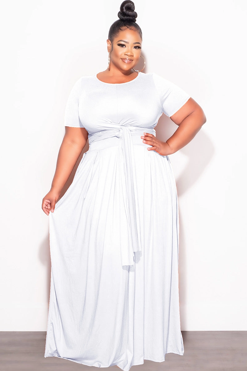 Final Sale Plus Size 2pc Short Sleeve Tie Top and Skirt Set in White Fast Move