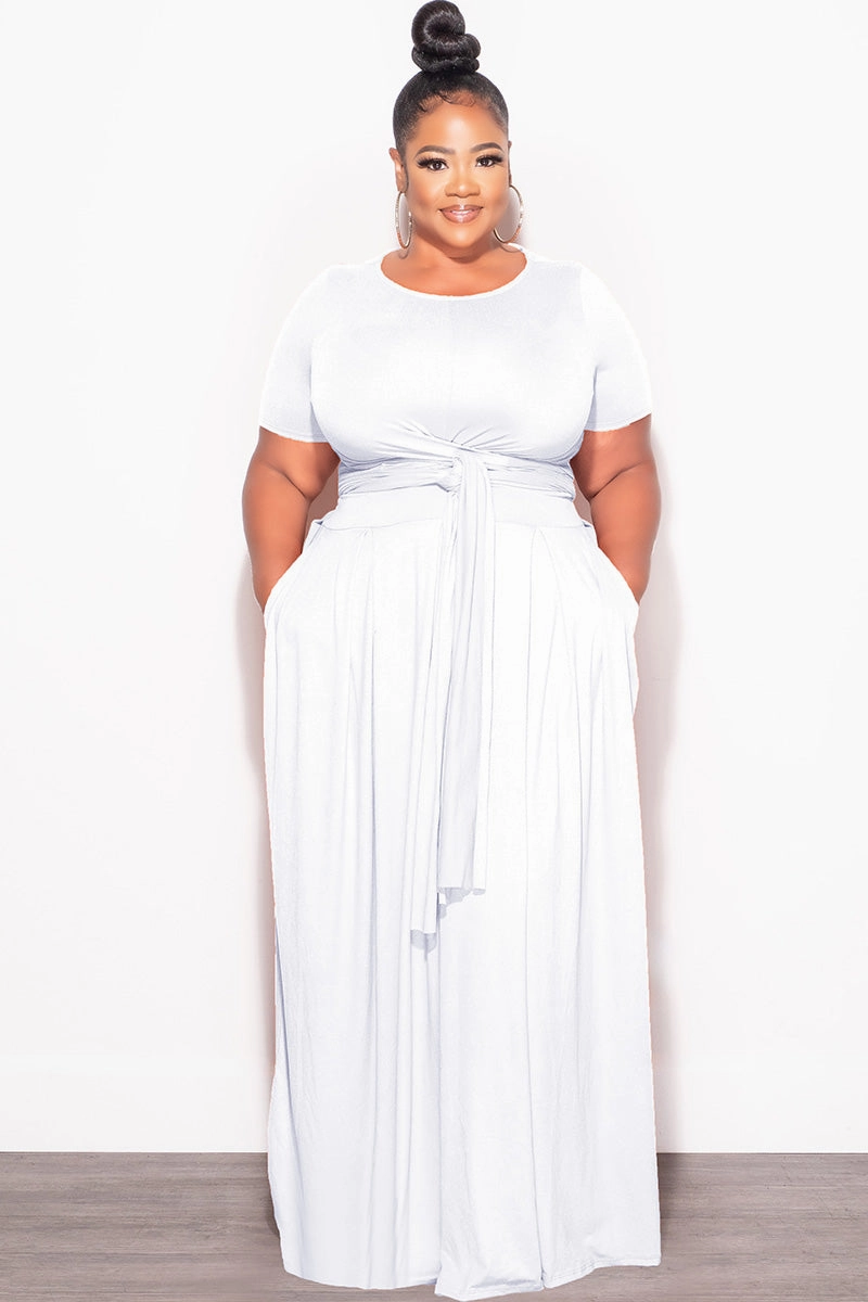 Work Flex Final Sale Plus Size 2pc Short Sleeve Tie Top and Skirt Set in White