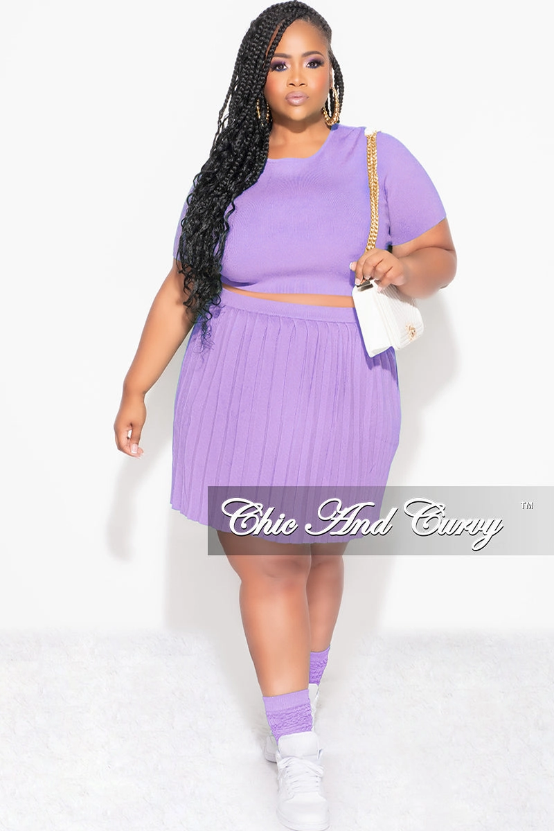Final Sale Plus Size 2pc Short Sleeve Top and Pleated Skirt Set in Lavender Quick Dry Fit Cozy Wear