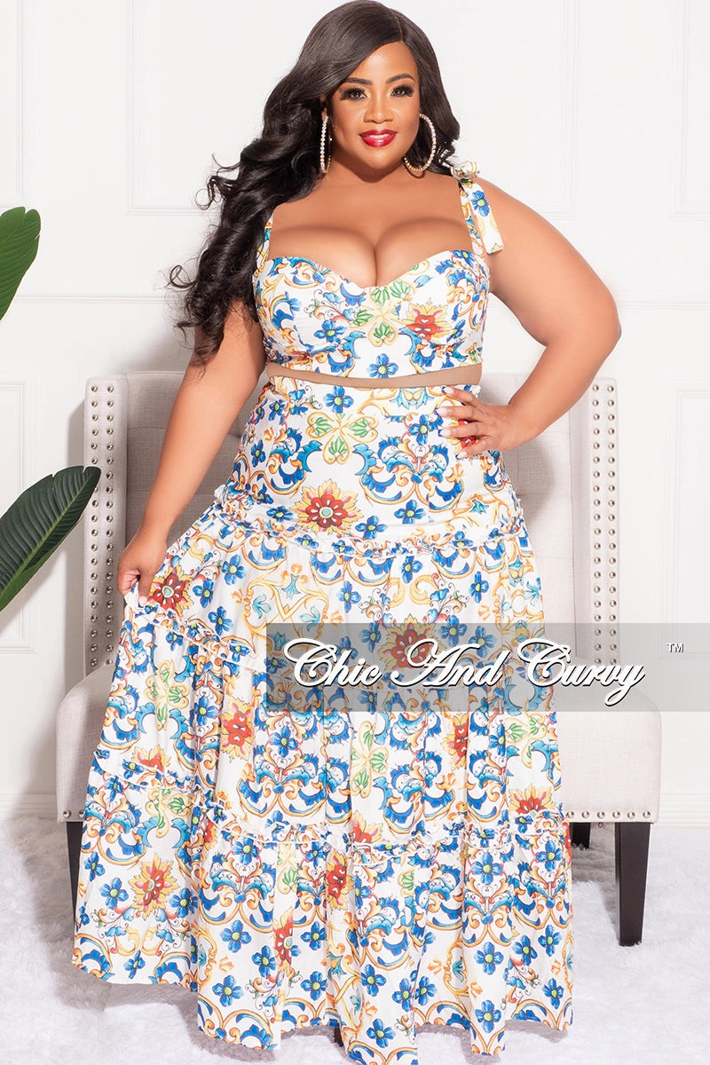Final Sale Plus Size 2pc Skirt Set with Sleeveless Crop Top in White and Royal Blue Multi Color Polished Look