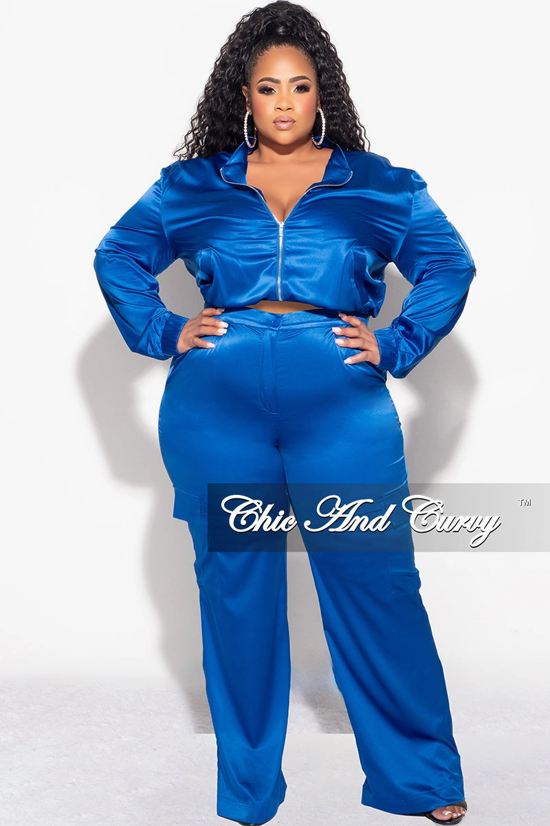 Final Sale Plus Size 2pc Sleek Bomber Jacket and Pants Set in Royal Blue Utility pocket Breathable Base