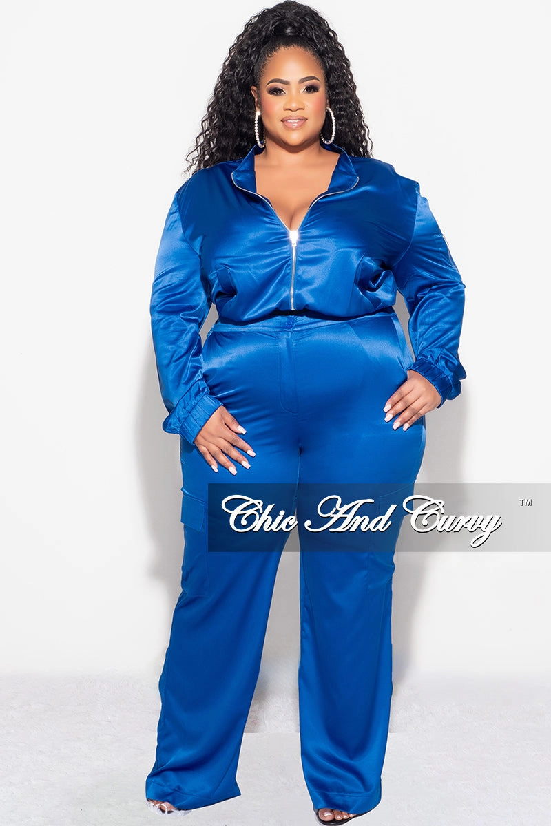 Static free Final Sale Plus Size 2pc Sleek Bomber Jacket and Pants Set in Royal Blue