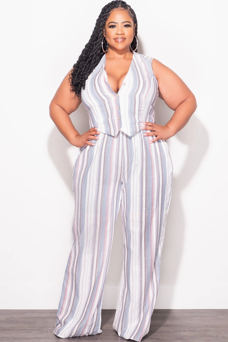 Final Sale Plus Size 2pc Sleeveless Blazer Vest and Pants Linen Set in Cream, Blue & Mauve Stripes Soft Support