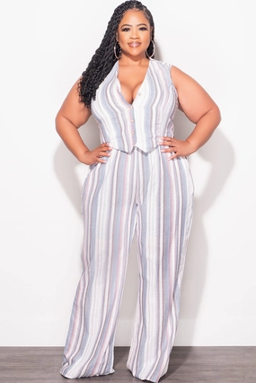 Final Sale Plus Size 2pc Sleeveless Blazer Vest and Pants Linen Set in Cream, Blue & Mauve Stripes Soft Support