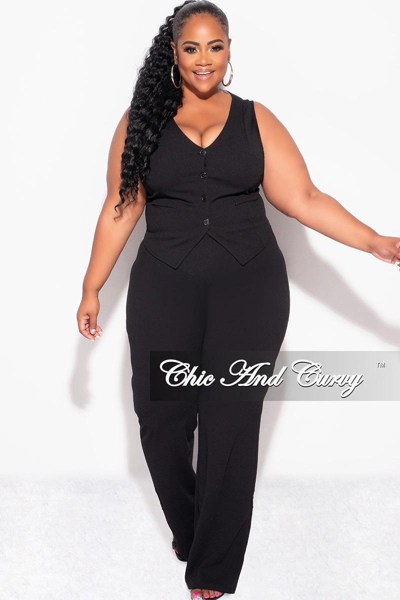 Final Sale Plus Size 2pc Sleeveless Blazer Vest and Pants Set in Black Stretch Movement Hip Friendly Pockets