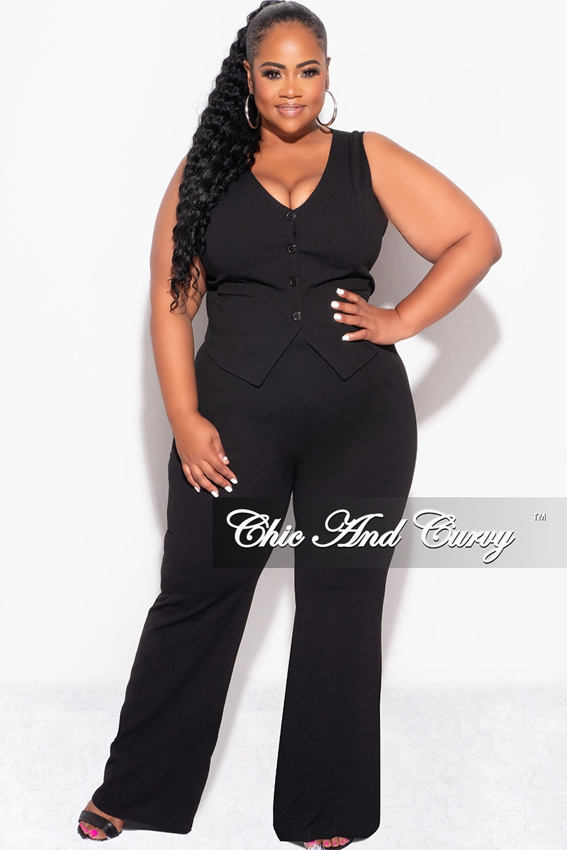 Final Sale Plus Size 2pc Sleeveless Blazer Vest and Pants Set in Black Non Irritating Seams Tapered Leg Design