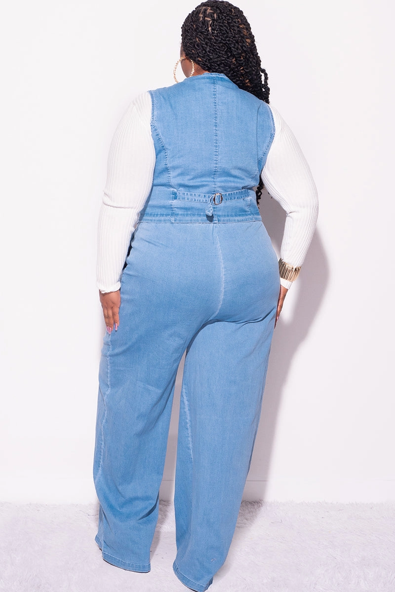 Secure Cuff Design Final Sale Plus Size 2pc Sleeveless Blazer Vest and Pants Set in Denim
