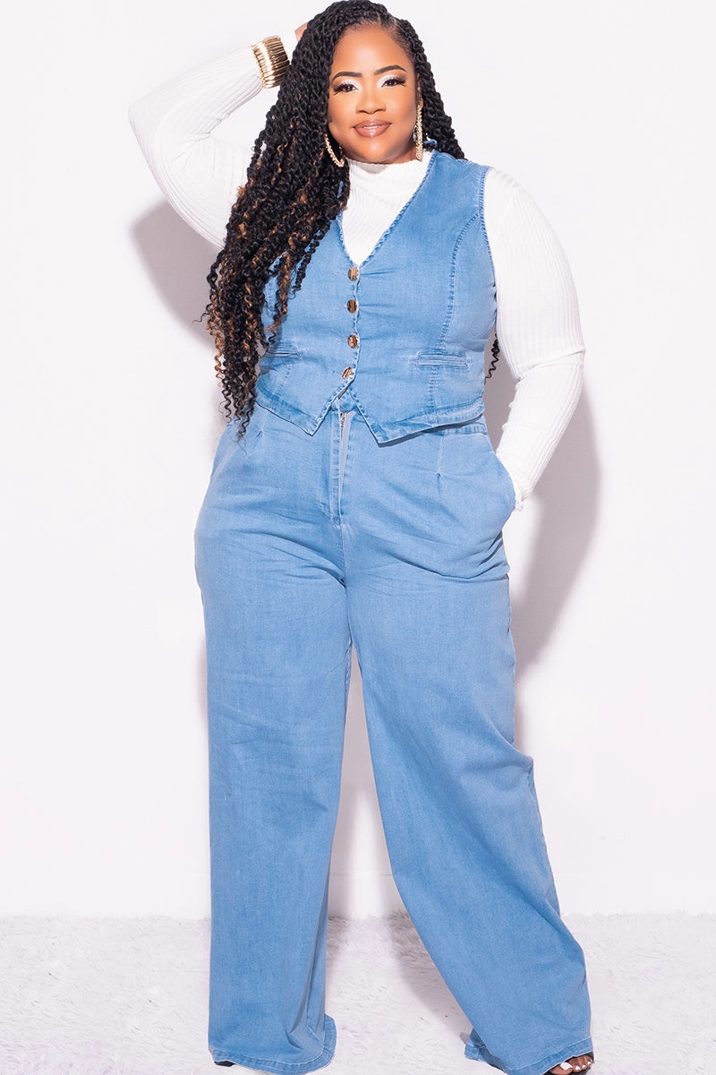 Final Sale Plus Size 2pc Sleeveless Blazer Vest and Pants Set in Denim Flexible Gusset