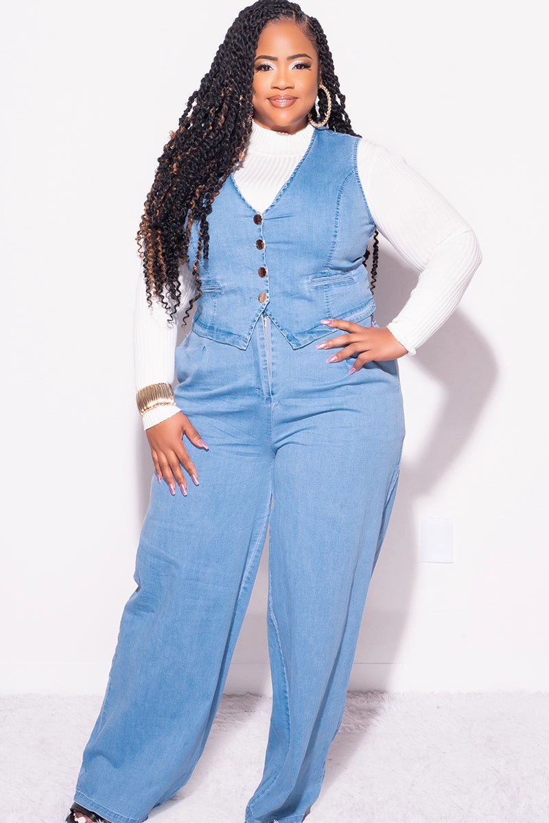 Final Sale Plus Size 2pc Sleeveless Blazer Vest and Pants Set in Denim Casual Look