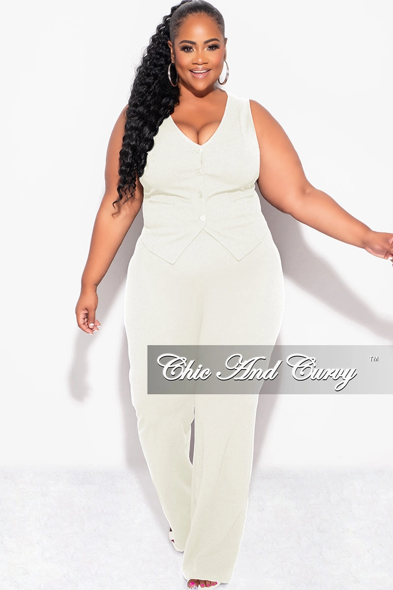 Final Sale Plus Size 2pc Sleeveless Blazer Vest and Pants Set in Ivory Temperature Regulating Fabric