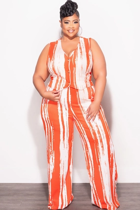 Sporty Style Final Sale Plus Size 2pc Sleeveless Blazer Vest and Pants Set in Orange and White