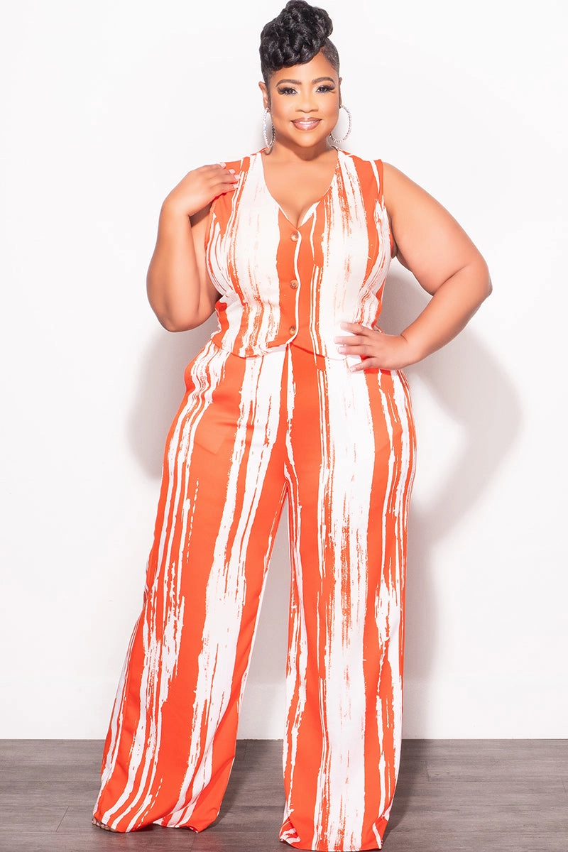 Final Sale Plus Size 2pc Sleeveless Blazer Vest and Pants Set in Orange and White StaticDissipativeFabric Snag Free Fabric