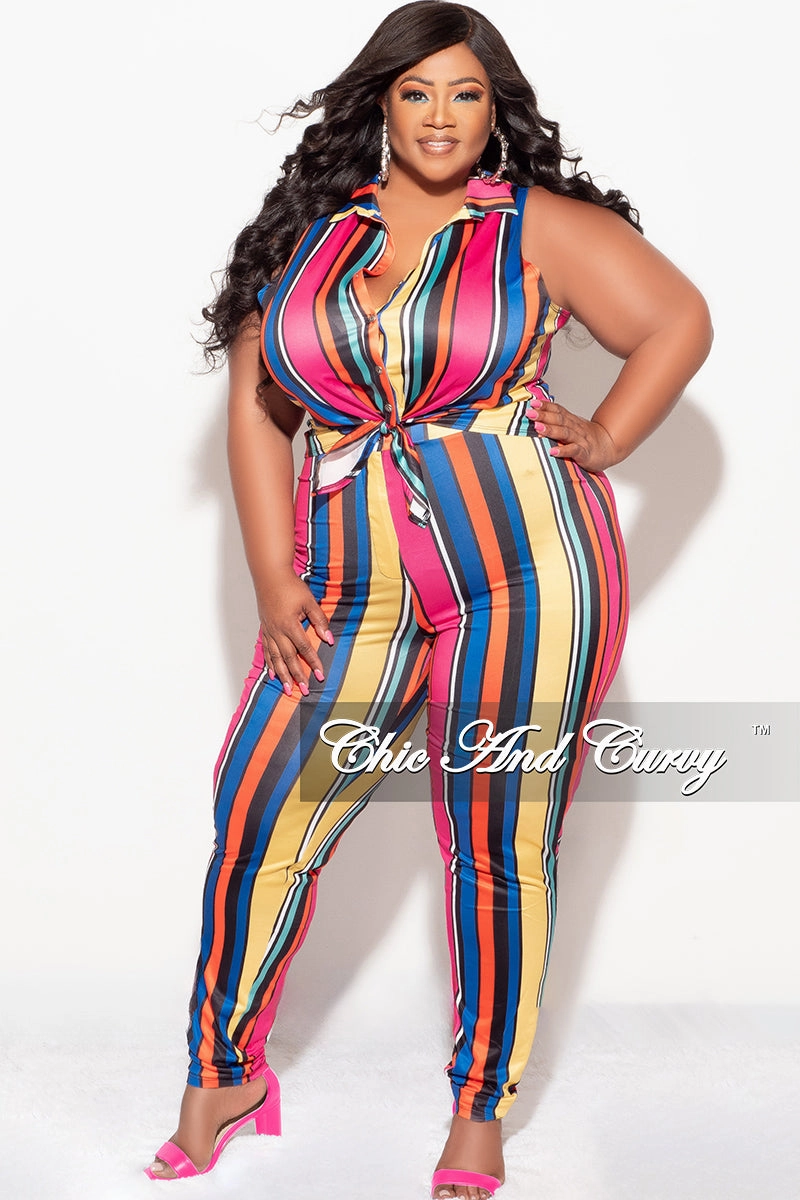 Final Sale Plus Size 2pc Sleeveless Crop Tie Top & High Waist Pant in Multi Color Stripe Print Street Utility HighRiseWaistband