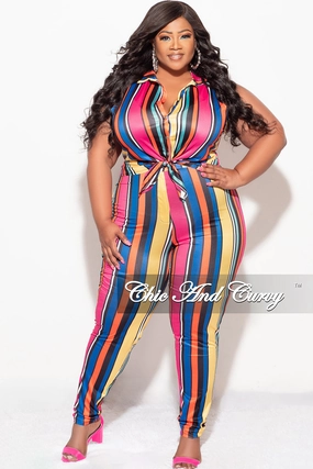 Stay Active Final Sale Plus Size 2pc Sleeveless Crop Tie Top & High Waist Pant in Multi Color Stripe Print