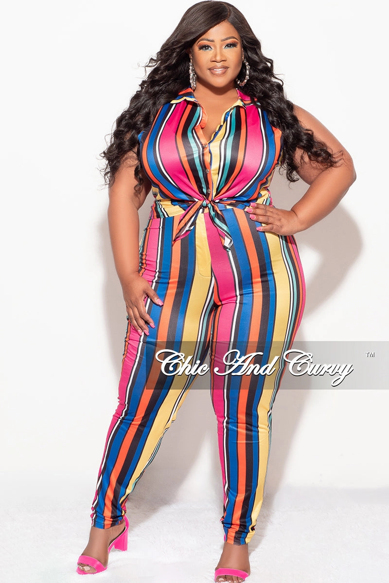 Stay Active Final Sale Plus Size 2pc Sleeveless Crop Tie Top & High Waist Pant in Multi Color Stripe Print