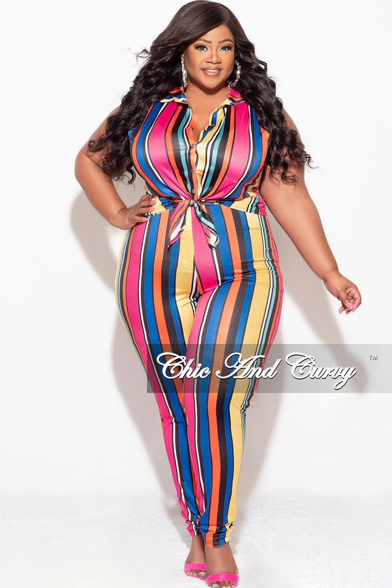 Final Sale Plus Size 2pc Sleeveless Crop Tie Top & High Waist Pant in Multi Color Stripe Print Laser Cut Perforations Easy Care Fabric