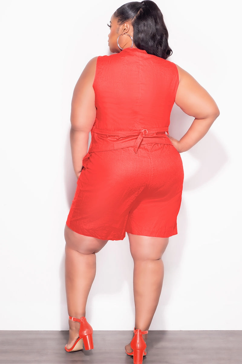 Final Sale Plus Size 2pc Sleeveless Linen Blazer Vest Short Set in Orange AntiSnagZippers Versatile Waist