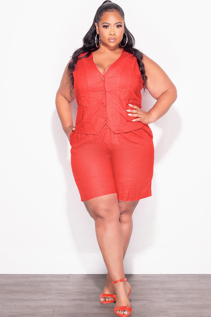 Reinforced Stitching Sport Comfort Fit Final Sale Plus Size 2pc Sleeveless Linen Blazer Vest Short Set in Orange