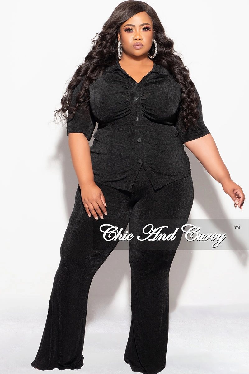 Modern Fit Final Sale Plus Size 2pc Slinky Button Up Collar Short Sleeve Top and Pants Set in Black