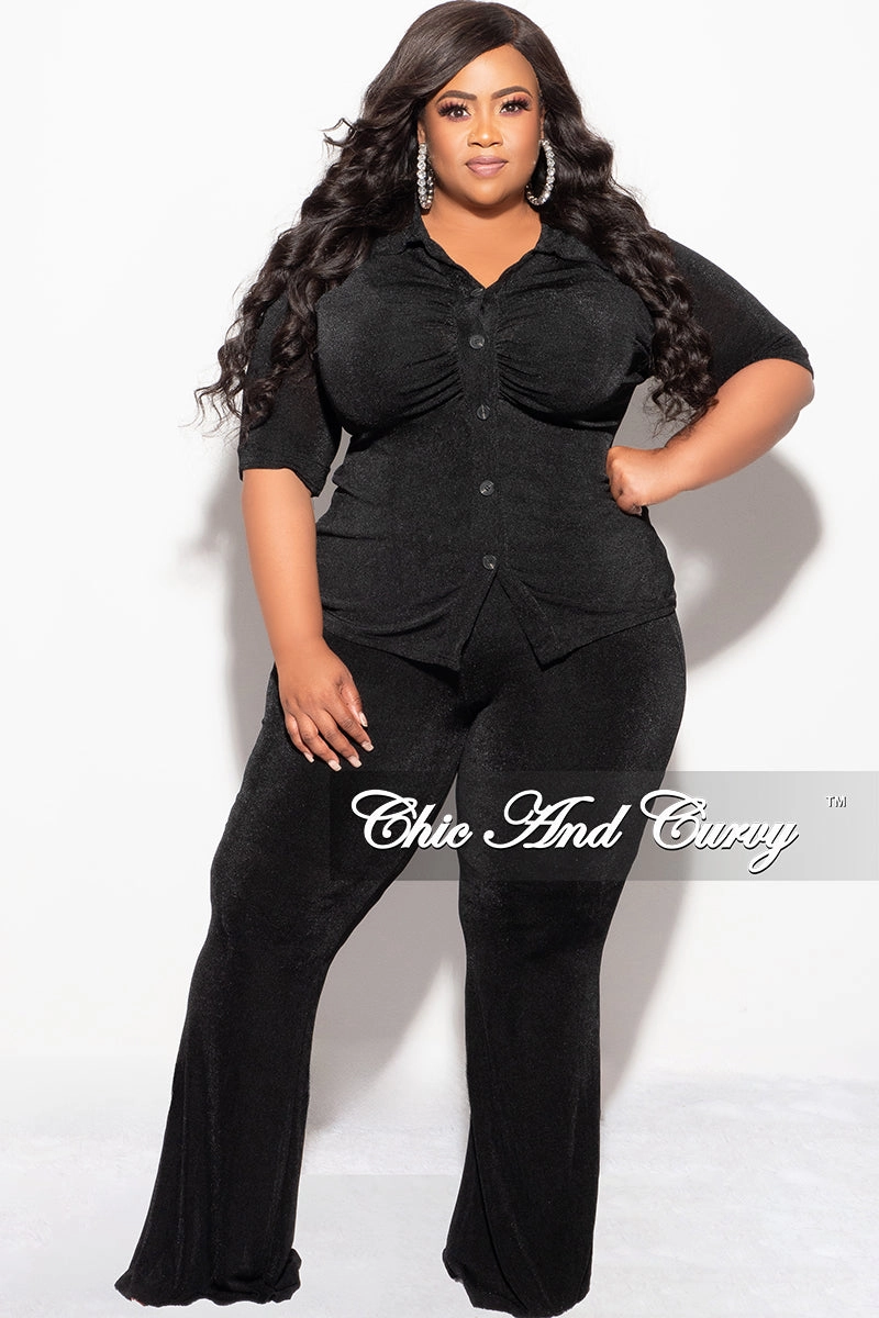 Final Sale Plus Size 2pc Slinky Button Up Collar Short Sleeve Top and Pants Set in Black Sport Comfort Fit Movement Support