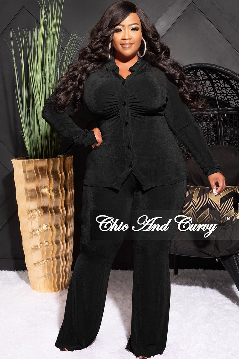 Relaxed Vibe Final Sale Plus Size 2pc Slinky Button Up Collar Top and Pants Set in Black