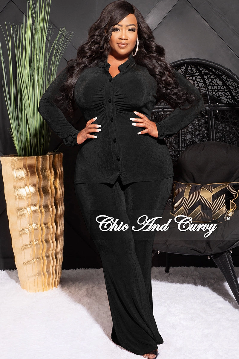 Final Sale Plus Size 2pc Slinky Button Up Collar Top and Pants Set in Black Stretch Fit Wear