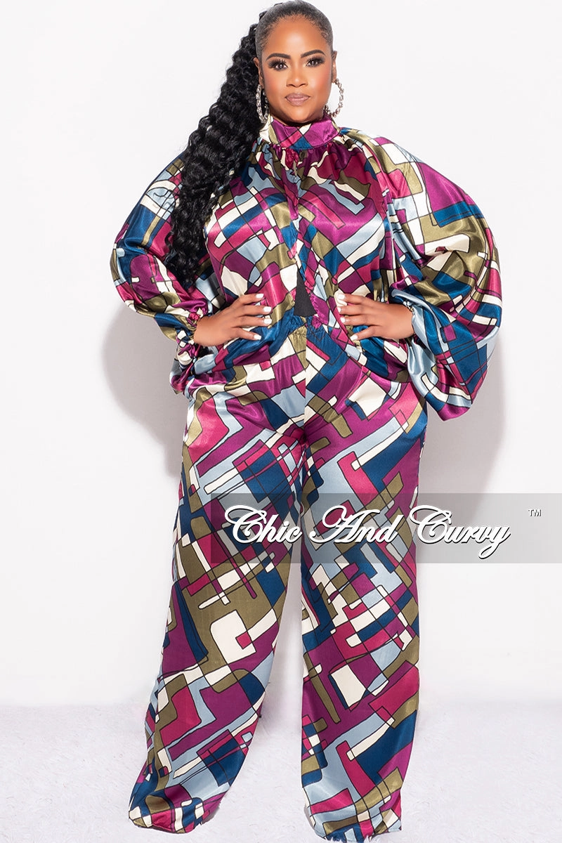 Final Sale Plus Size 2pc Stain Balloon Sleeve Crop Top and Palazzo Pants Set Multi Color Print OdorResistantFinish Comfortable Design