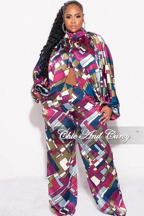 Layering Comfort Classic Cut Final Sale Plus Size 2pc Stain Balloon Sleeve Crop Top and Palazzo Pants Set Multi Color Print