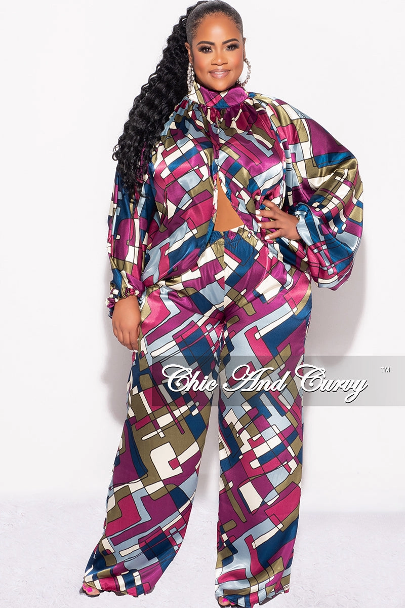 Final Sale Plus Size 2pc Stain Balloon Sleeve Crop Top and Palazzo Pants Set Multi Color Print smooth zipper Fashionable Design