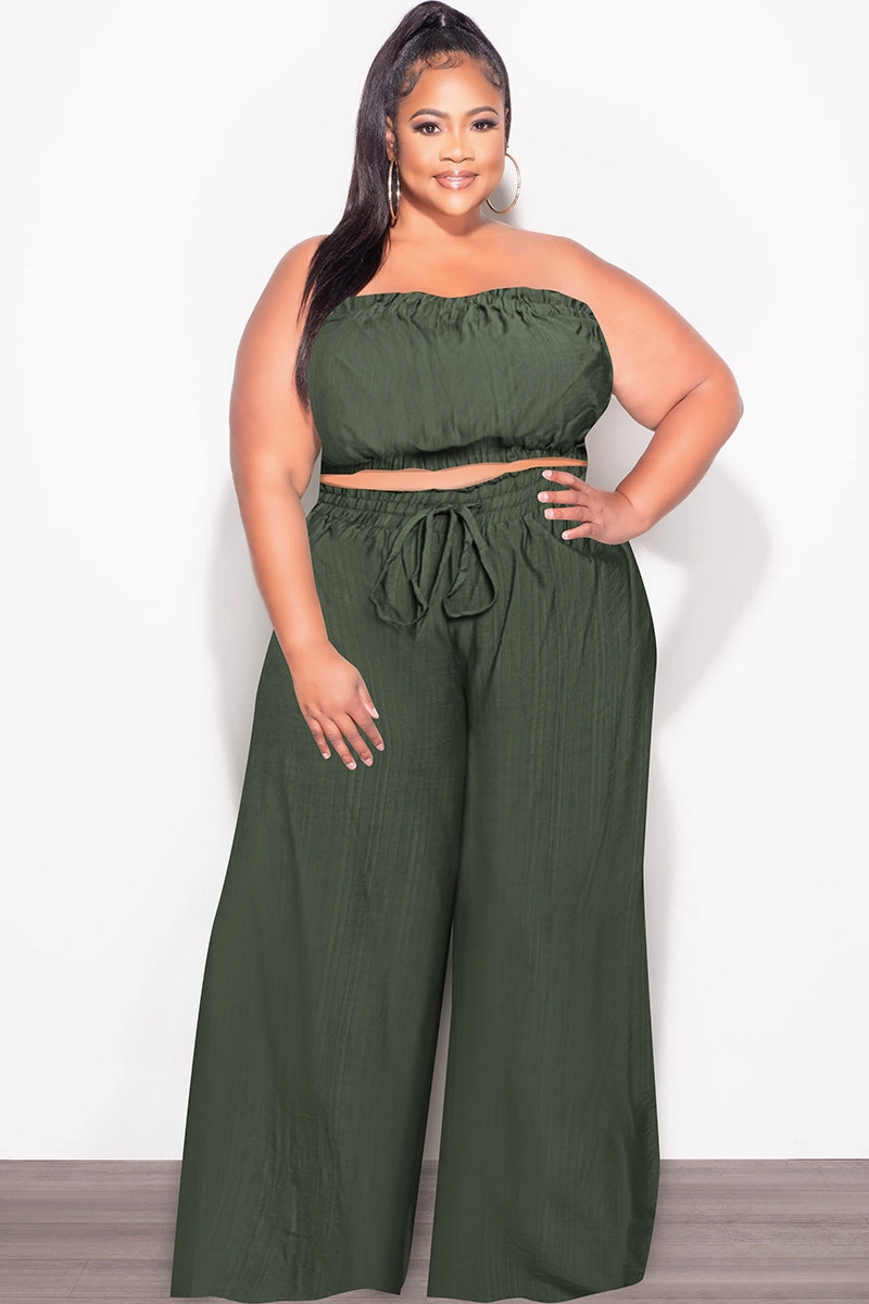 All Around Fit Final Sale Plus Size 2pc Strapless Crop Top and Flare Pants Set In Dark Green
