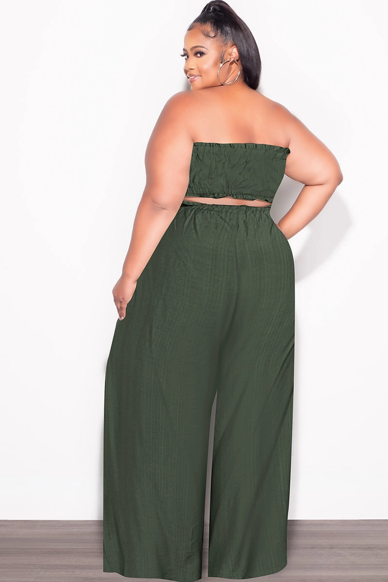 Tough Stretch Rest Easy Final Sale Plus Size 2pc Strapless Crop Top and Flare Pants Set In Dark Green