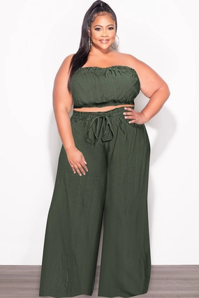 Final Sale Plus Size 2pc Strapless Crop Top and Flare Pants Set In Dark Green Easy Comfort Supportive Fit