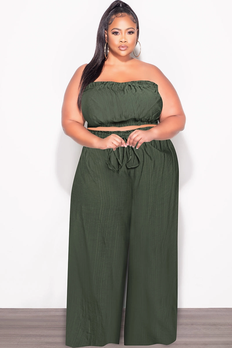 Final Sale Plus Size 2pc Strapless Crop Top and Flare Pants Set In Dark Green Sustainable Material Blend Flexibility Built-In