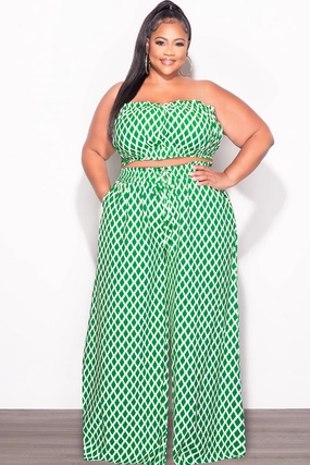 Final Sale Plus Size 2pc Strapless Crop Top and Flare Pants Set In Green & White Print Tough Style