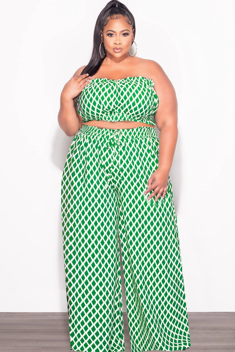 Final Sale Plus Size 2pc Strapless Crop Top and Flare Pants Set In Green & White Print Sporty Design Chill Comfort Wear