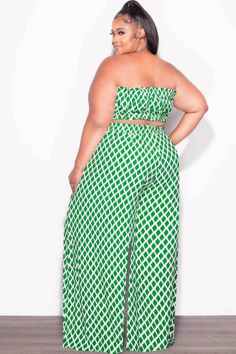 Cozy and Relaxed Final Sale Plus Size 2pc Strapless Crop Top and Flare Pants Set In Green & White Print